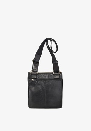 Schwarze Leder-Umhängetasche mit verstellbarem Stoffriemen, Frontreißverschlusstasche und oberem Reißverschluss.