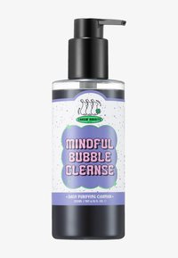 Pump bottle of bubble cleanser. Clear plastic with black pump, white label featuring colorful text and rabbit design. Size: 200ml.