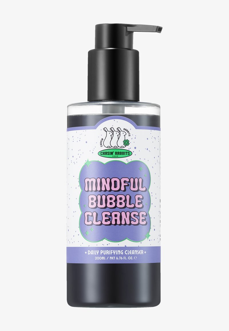 Pump bottle of bubble cleanser. Clear plastic with black pump, white label featuring colorful text and rabbit design. Size: 200ml.
