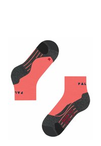 Calzini alla caviglia color corallo e grigio scuro con bordi elasticizzati, talloni rinforzati e motivi a contrasto sui lati, con testo del marchio.