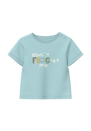 Jasnoniebieska koszulka dla malucha z krótkim rękawem i zatrzaskami na ramieniu, z napisem "nie zaFRGnij mnie" oraz żabim pyszczkiem zastępującym literę "O".