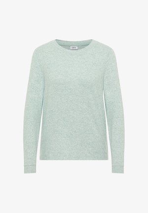 T-shirt à manches longues vert menthe clair en tissu doux et texturé. Doté d'un col rond et de poignets côtelés. Étiquette : CECIL.