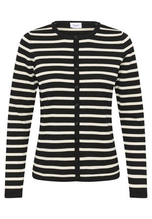 Cardigan à rayures noires et blanches, manches longues, fermeture à boutons sur le devant, col et poignets côtelés, tissu tricoté, motif à rayures régulières.