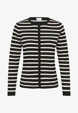 Crno-bijeli prugasti kardigan, dugi rukavi, zatvaranje na gumbe sprijeda, rebrasti ovratnik i manšete, pleteni materijal, ujednačen uzorak pruga.