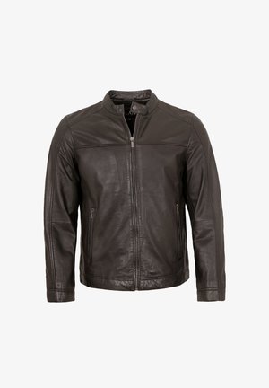 Schwarze Lederjacke mit Stehkragen, Frontreißverschluss und seitlichen Taschen. Sie hat eine glatte Textur und ein minimalistisches Design.