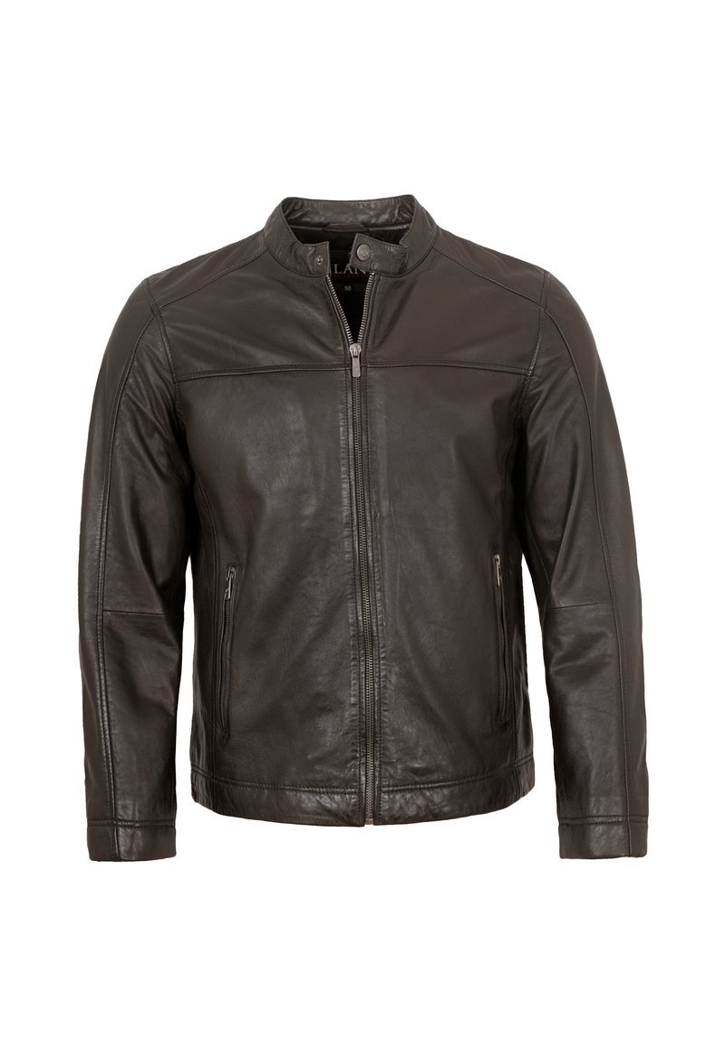Schwarze Lederjacke mit Stehkragen, Frontreißverschluss und seitlichen Taschen. Sie hat eine glatte Textur und ein minimalistisches Design.