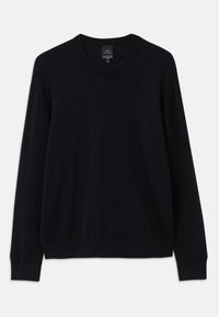 Pulover negru cu mânecă lungă, guler rotund, cu manșete și tiv fir căptușit. Fabricat dintr-un material moale, cu o textură netedă, fără modele sau accente.