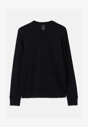 Crni pulover dugih rukava s okruglim izrezom, rebrastim manžetama i donjim rubom. Izrađen od mekanog materijala s glatkom teksturom, bez uzoraka ili dodataka.