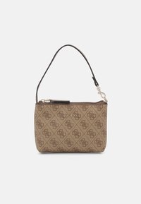 Brun mønstret håndtaske med lynl�ås, justerbar skulderrem og sølvfarvet hardware. Har en logo foran og et struktureret design.