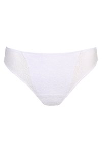 Witte kant bikini ondergoed met een lage taille, gladde randen en een semi-doorzichtige textuur met intrikate bloemmotieven.