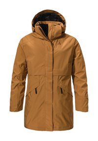 Brauner wasserdichter Parka mit Kapuze, ausgestattet mit einem Reißverschluss vorne, zwei seitlichen Taschen und einem Logo auf der Brust. Glatte Textur und mittellanges Design.