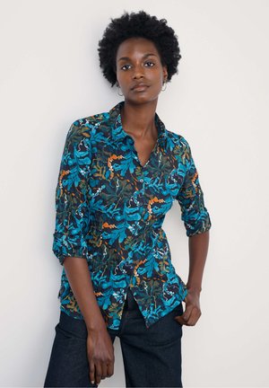 Overhemd met knopen in een blauw, groen en oranje bloemenpatroon, met een spread collar en opgerolde mouwen, gemaakt van lichtgewicht stof.