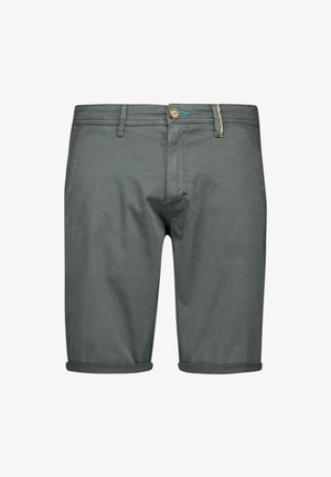 Grijze katoenen shorts met opgerolde manchetten, voorzien van voorzakken en een knoopsluiting met blauwe stikselaccenten. Versterkte naden zichtbaar.