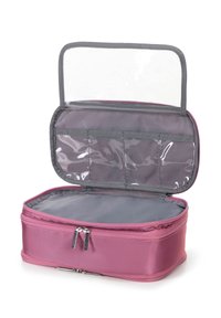 Růžová látková kosmetická taška se šedými detaily. Má průhlednou horní přihrádku, zipové uzavření a hladkou vnitřní podšívku. Prostorný a odolný design.