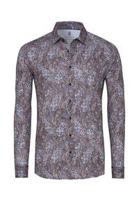 Lange mouwen shirt in bruin met een paisley patroon en subtiele verticale strepen. Is voorzien van een klassieke kraag en zwarte knopen aan de voorkant.