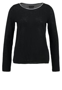 Schwarzes Langarmshirt aus leichtem Stoff. Es hat einen runden Halsausschnitt mit einem gestreiften Saum und eine lockere Passform mit einer leicht transparenten Textur.