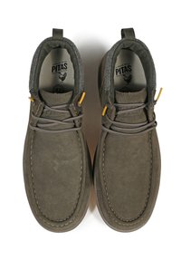 Gray suede shoes with a rounded toe, contrasting yellow laces, and a textured fabric collar. Features decorative stitching around the edges.