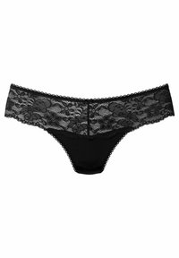 Schwarzer Spitzen-Tanga mit einem dekorativen Blumenmuster und gezackten Rändern. Die Rückseite besteht aus einfarbig schwarzem Stoff mit minimaler Bedeckung.