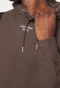 Sudadera marrón con cordones ajustables, herrajes plateados, logotipo bordado en el pecho, puños acanalados y tejido texturizado.