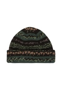 Gebreide beanie in donkergroen, zwart en tan met geometrische patronen. Heeft een geribde boord en een zachte textuur, geschikt voor koud weer.