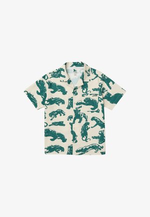 Beiges Hemd mit kurzen Ärmeln zum Knöpfen, mit einem Muster aus dunkelgrünen Panther-Silhouetten und einer Brusttasche mit der Aufschrift "Tijuana Panthers".
