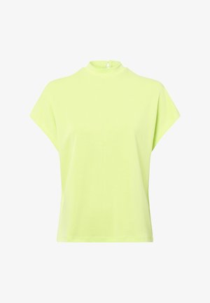 Lime green short-sleeve t-shirt with a high neck and rear zipper. Made from soft, lightweight fabric, featuring a relaxed fit without patterns.