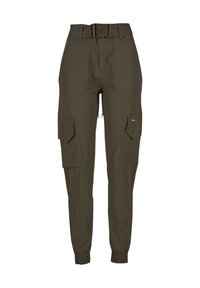 Pantalon cargo vert olive avec poignets élastiques, poches latérales à rabat, fermeture éclair à l'avant et ceinture assortie avec boucle noire.