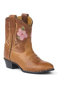 Barna bőr cowboy csizma rózsaszín virágos hímzéssel és dekoratív varrással, alacsony sarokkal és oldalsó felhúzófülekkel.