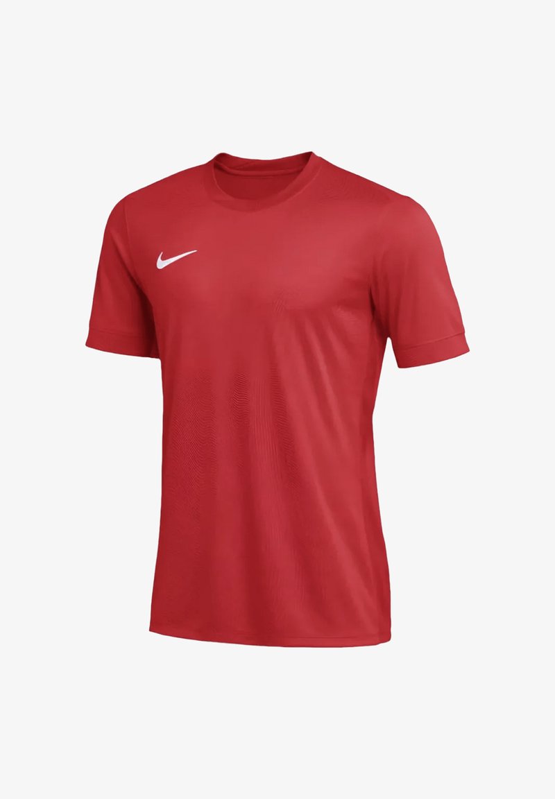 T-shirt rouge à manches courtes de sport avec col rond et logo Nike swoosh blanc sur le côté droit de la poitrine.