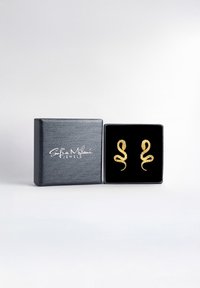 Orecchini a forma di serpente in oro esposti in una scatola foderata in velluto nero con un esterno nero testurizzato, dotata di marchio in argento sul coperchio.