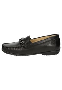 Schwarze Leder-Mokassins mit gestickten Details, dekorativem silberfarbenen Zubehör, flacher Gummisohle und glatter Oberfläche.