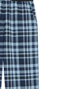 Pantalons à carreaux bleu clair avec une taille élastique, des accents noirs et un tissu texturé présentant des motifs de carreaux variés.