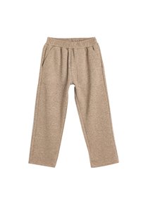 Beige Jogginghose mit elastischem Bund, zwei Seitentaschen und entspannter Passform. Der Stoff hat eine weiche Textur mit einem subtilen melierten Muster.