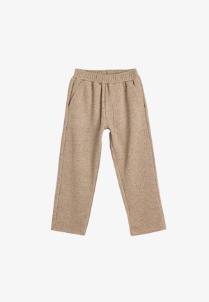 Beige sweatpants met een elastische tailleband, twee zijzakken en een relaxte pasvorm. De stof heeft een zachte textuur met een subtiel gemêleerd patroon.