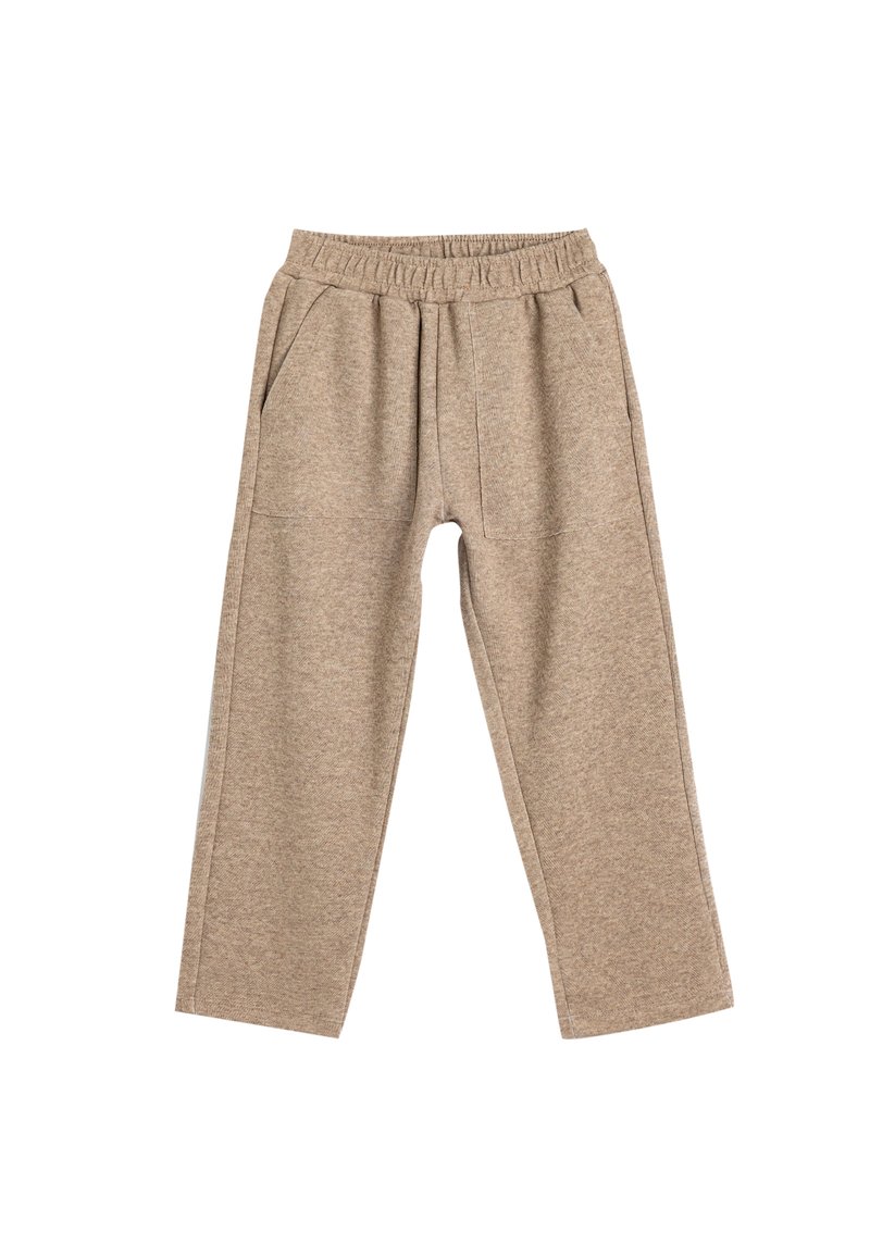 Beige Jogginghose mit elastischem Bund, zwei Seitentaschen und entspannter Passform. Der Stoff hat eine weiche Textur mit einem subtilen melierten Muster.