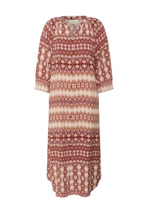 Rotes und cremefarbenes Midikleid mit einem V-Ausschnitt, Dreiviertelärmeln und aufwändigen geometrischen und floralen Mustern. 