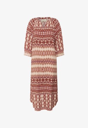 Rotes und cremefarbenes Midikleid mit einem V-Ausschnitt, Dreiviertelärmeln und aufwändigen geometrischen und floralen Mustern.