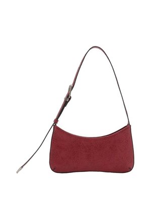 Rode, gestructureerde handtas met een gebogen silhouet, een enkele schouderband en metalen beslag. Heeft bloemmotieven in reliëf op een synthetisch materiaal.