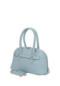 Mała jasnoniebieska skórzana torebka z dwiema rączkami u góry, złotymi akcentami, zamkiem błyskawicznym oraz odpinanym paskiem na ramię.