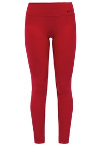 Leggings sportivi rossi realizzati in tessuto elasticizzato, con una vita alta e il logo Nike nero sulla parte anteriore. Texture liscia senza motivi.