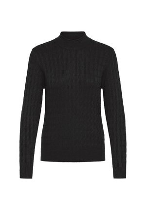 Melnā garā piedurkne turtlenecks džemperis ar teksturētu kabeļu adījuma rakstu, ar pieguļošu dizainu un ribotām apkakli un piedurknēm.