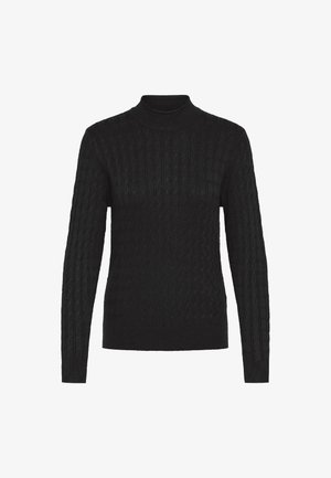 Melnā garā piedurkne turtlenecks džemperis ar teksturētu kabeļu adījuma rakstu, ar pieguļošu dizainu un ribotām apkakli un piedurknēm.