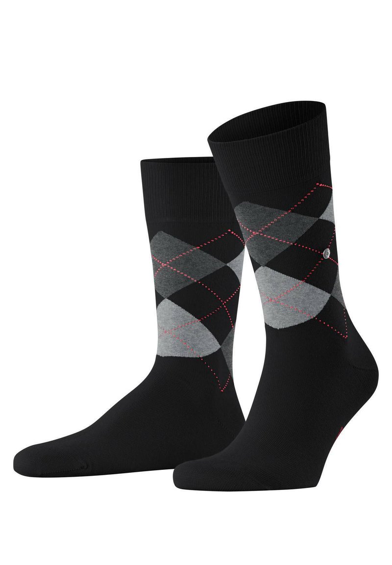 Calze nere con un motivo argyle grigio, dettagli rossi e cuciture diagonali. Realizzate in un tessuto liscio, hanno una lunghezza classica alla caviglia.