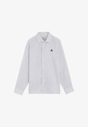 Witte blouse met lange mouwen, knoopsluiting, met dunne verticale grijze strepen en een klein zwart doodskop- en botjeslogo op het linker borstzakje.