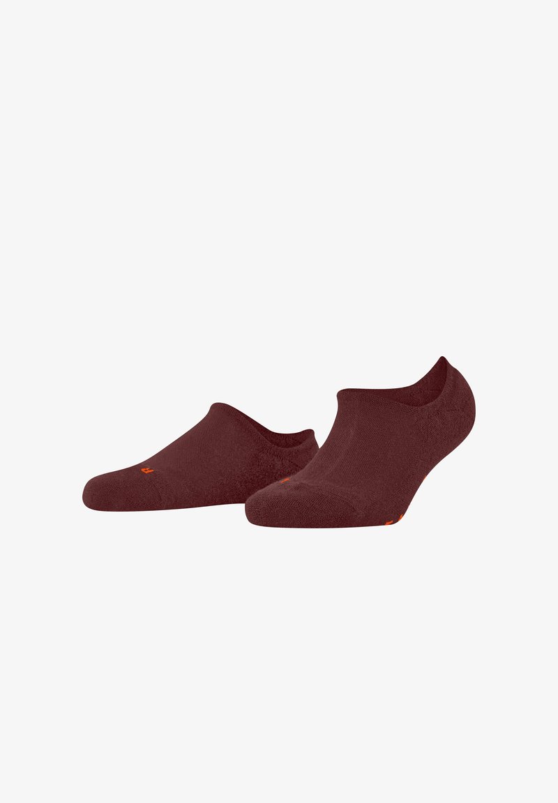 Bordeaux-farbene, niedrig geschnittene Socken aus weichem Stoff mit nahtlosem Design und einem orangefarbigen Akzent am oberen Rand.