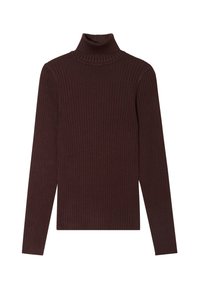Brun ribbet turtleneck sweater med langeærmer og en tætsiddende silhuet. Teksturen er blød og har lodrette striber over hele overfladen.
