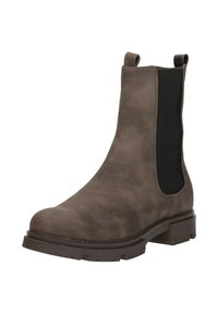 Bruine suede Chelsea boot met zwarte elastieken zijpanelen, ronde neus en een lage, gestructureerde rubberen zool. Voorzien van een trekband voor gemakkelijk aan- en uittrekken.