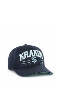 Marineblaue Kappe mit "KRAKEN" und "SEATTLE" in weißen Lettern, einem stilisierten Logo auf der Vorderseite und einem gebogenen Schirm.