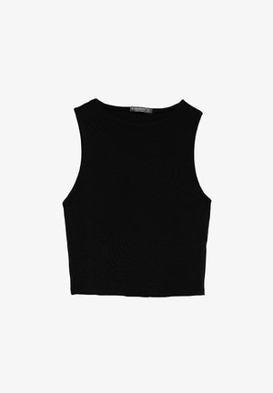 Schwarzes ärmelloses Crop-Top aus glattem Stoff, mit rundem Ausschnitt und einem klaren, schlichten Design ohne Muster oder Beschläge.