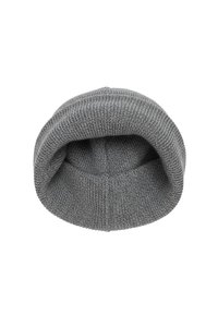 Gray ribbed knit beanie with a soft texture, rolled cuff design, and seamless crown. Classic shape suitable for casual wear.